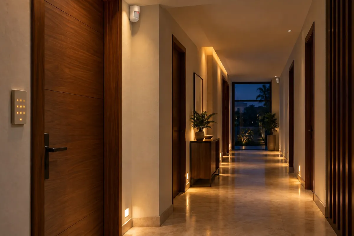 Illustrative render of the same villa hallway at night with the alarm keypad glowing amber and the motion sensor LED lit