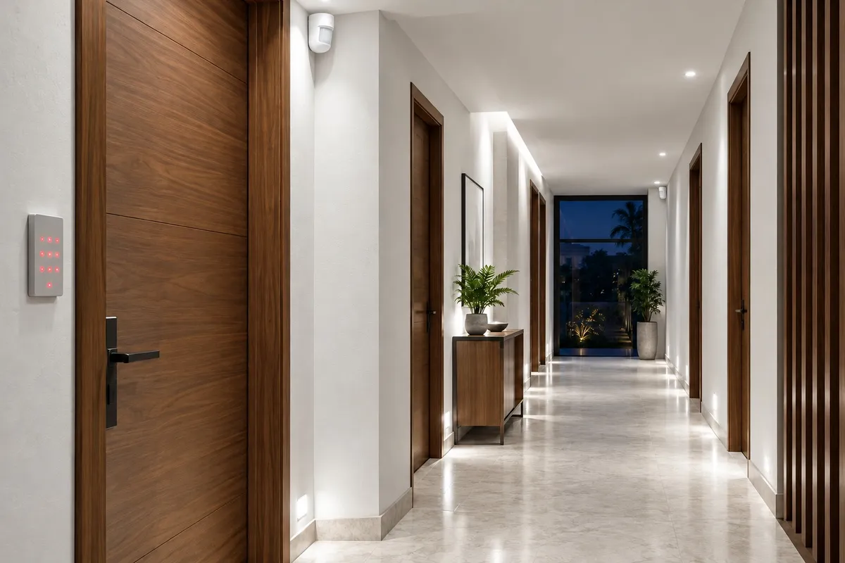 Illustrative render of the same villa hallway with every light switched fully on and the alarm keypad glowing red