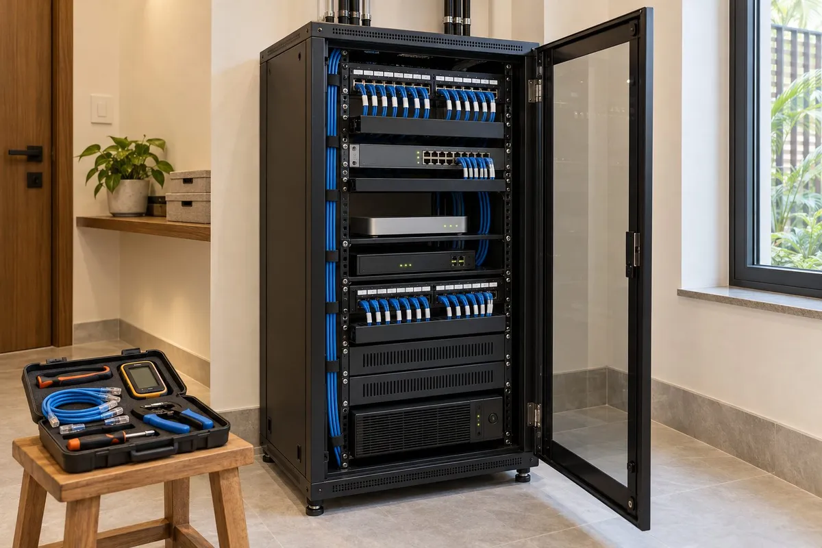 Illustrative render of a tidy home network rack with an open service toolkit