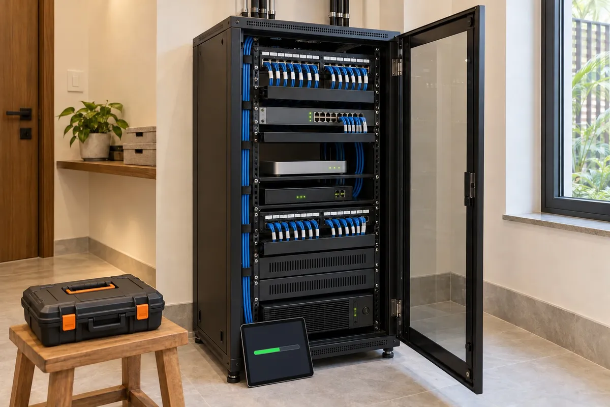 Illustrative render of the same network rack with a tablet showing an update progress bar