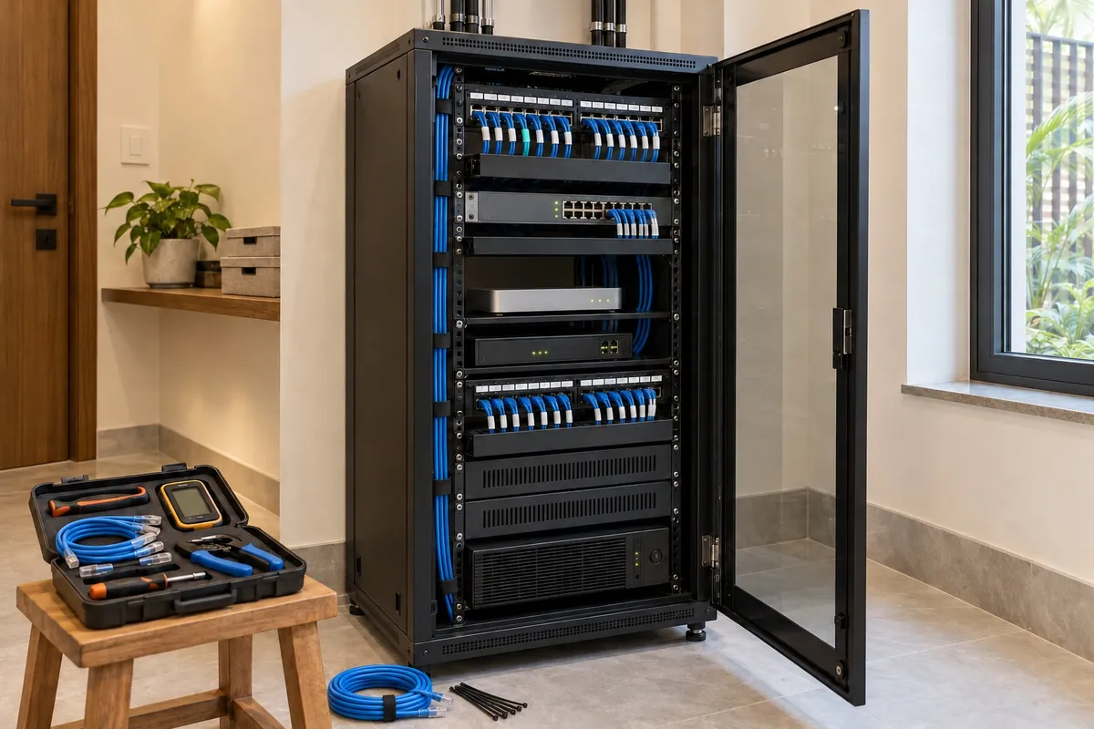 Illustrative render of the same network rack with a coil of new network cable and cable ties beside it