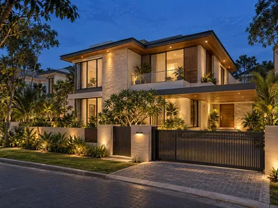 Illustrative render of a two-storey villa with a gate at dusk