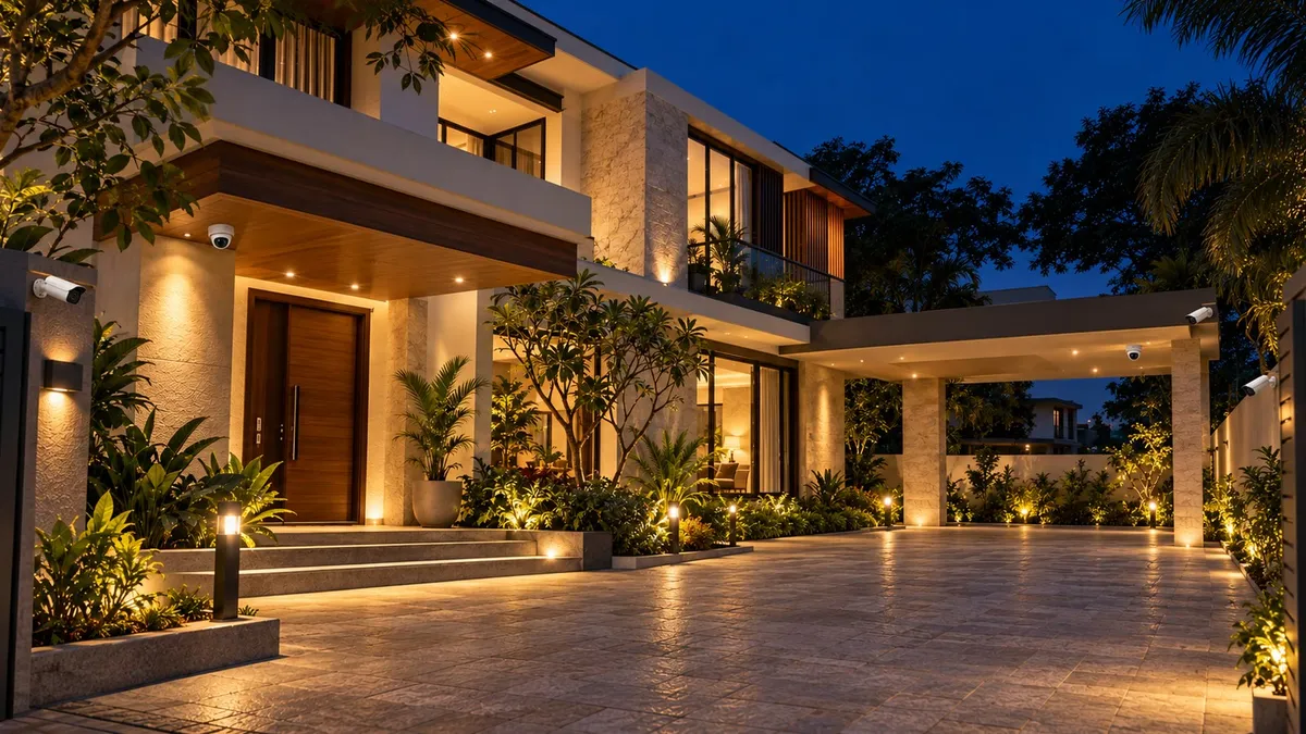 Illustrative render of the same villa from a wider angle, with more unbranded cameras at the gate, porch and carport