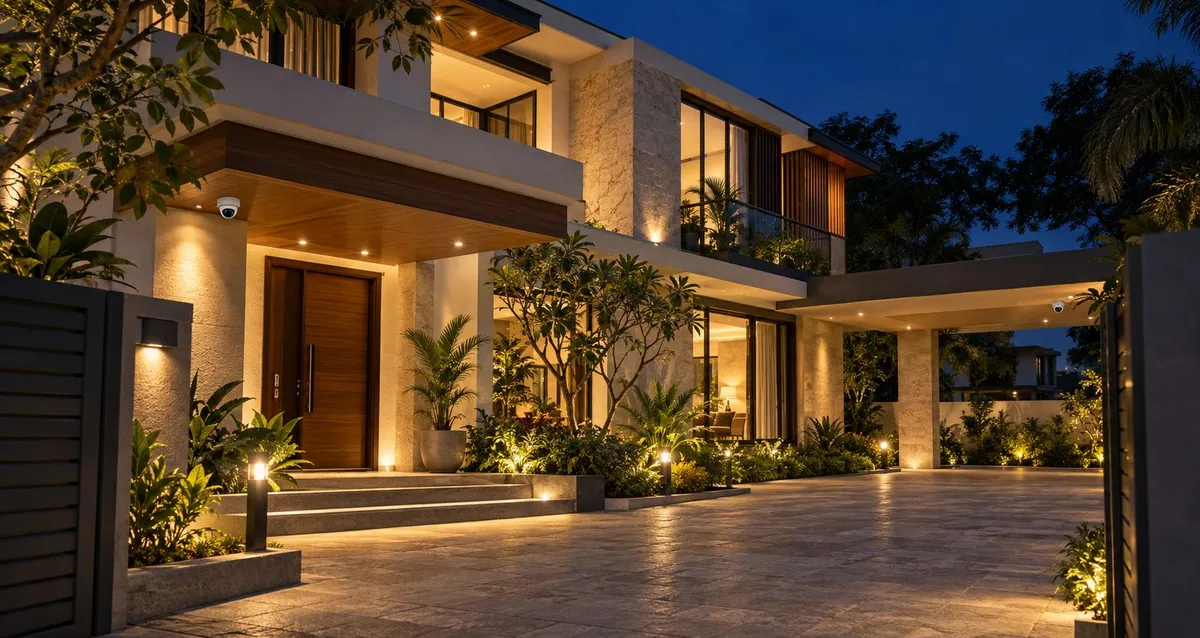 Illustrative render of a villa facade at night with discreet unbranded dome cameras at the entrance and carport