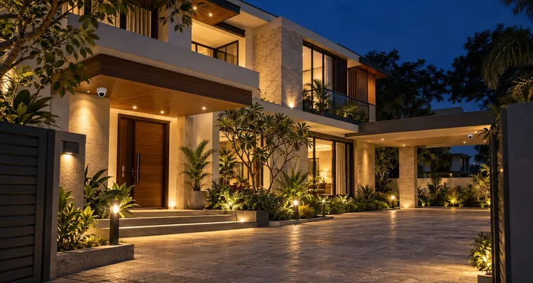 Illustrative render of a villa facade at night with discreet dome cameras