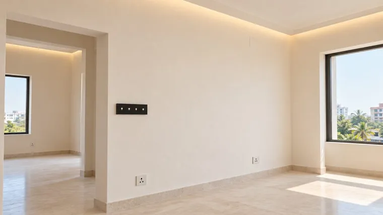 Illustrative render of the same wall after plastering, with a switch plate and sockets