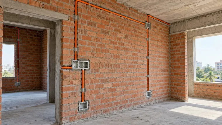 Illustrative render of a brick wall with conduits and back-boxes before plastering
