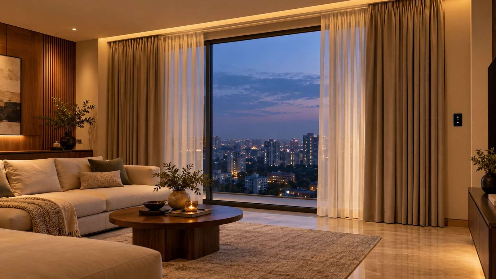 Illustrative render of a living room at dusk with sheer and blackout curtains drawn back from a city-view window