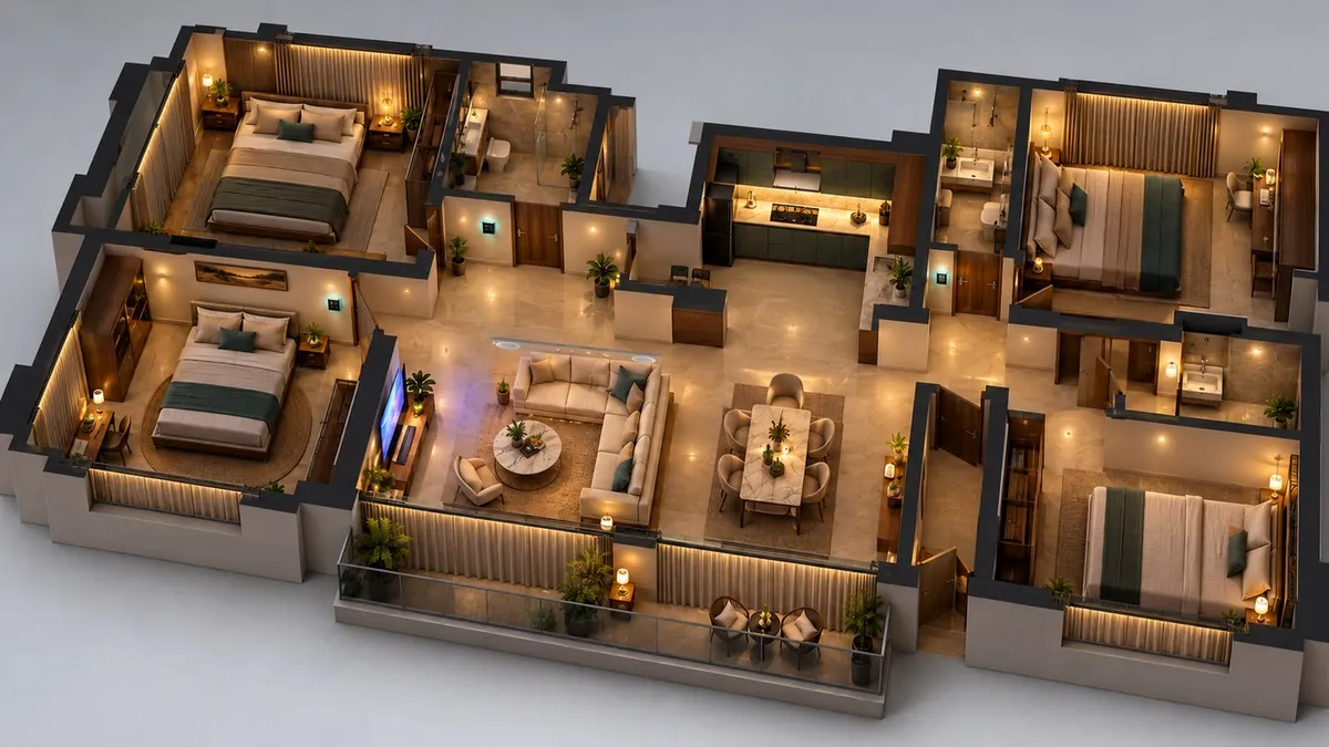 Illustrative 3D cutaway render of the same 4 BHK apartment in the evening, curtains closed and the living-room TV on