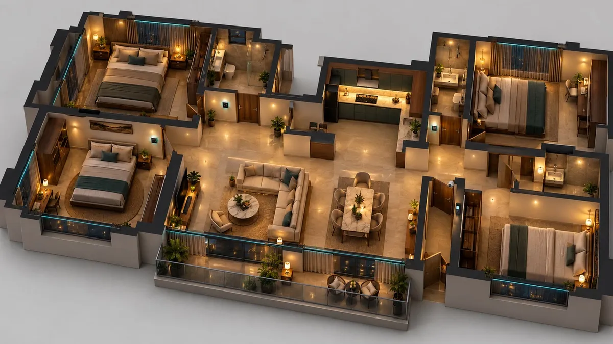 Illustrative 3D cutaway render of the same 4 BHK apartment at night, with a small camera at the entrance
