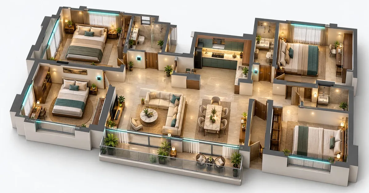 Illustrative render of a 4 BHK floor plan seen from above, room by room