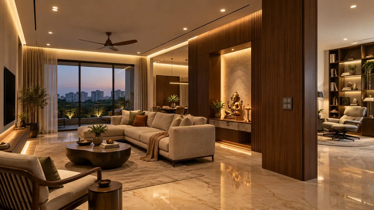 Illustrative render: a living room at dusk lit in layers, with dimmed recessed DALI downlights, warm cove lighting along the ceiling and wall panels, and a lit niche with a brass Ganesha
