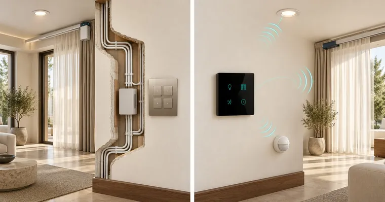 Illustrative render comparing a wired keypad and a wireless touch panel