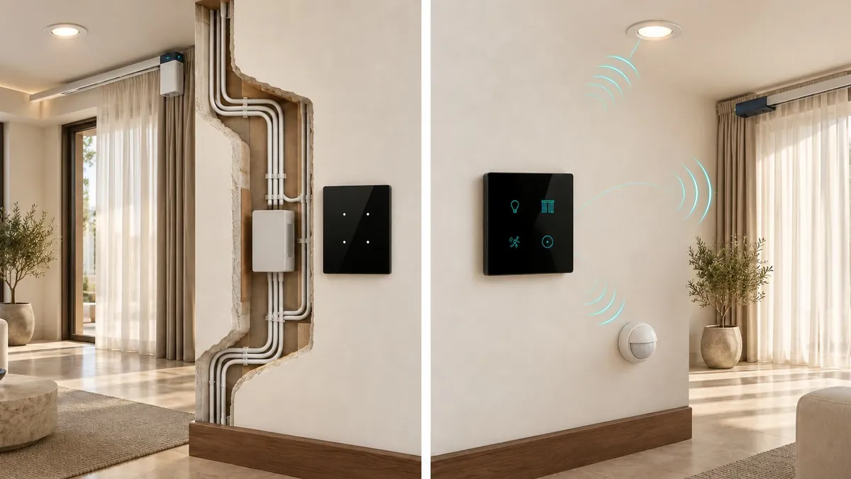 Illustrative render of the same room with a glass touch switch plate on the wall and a Wi-Fi router on the side table