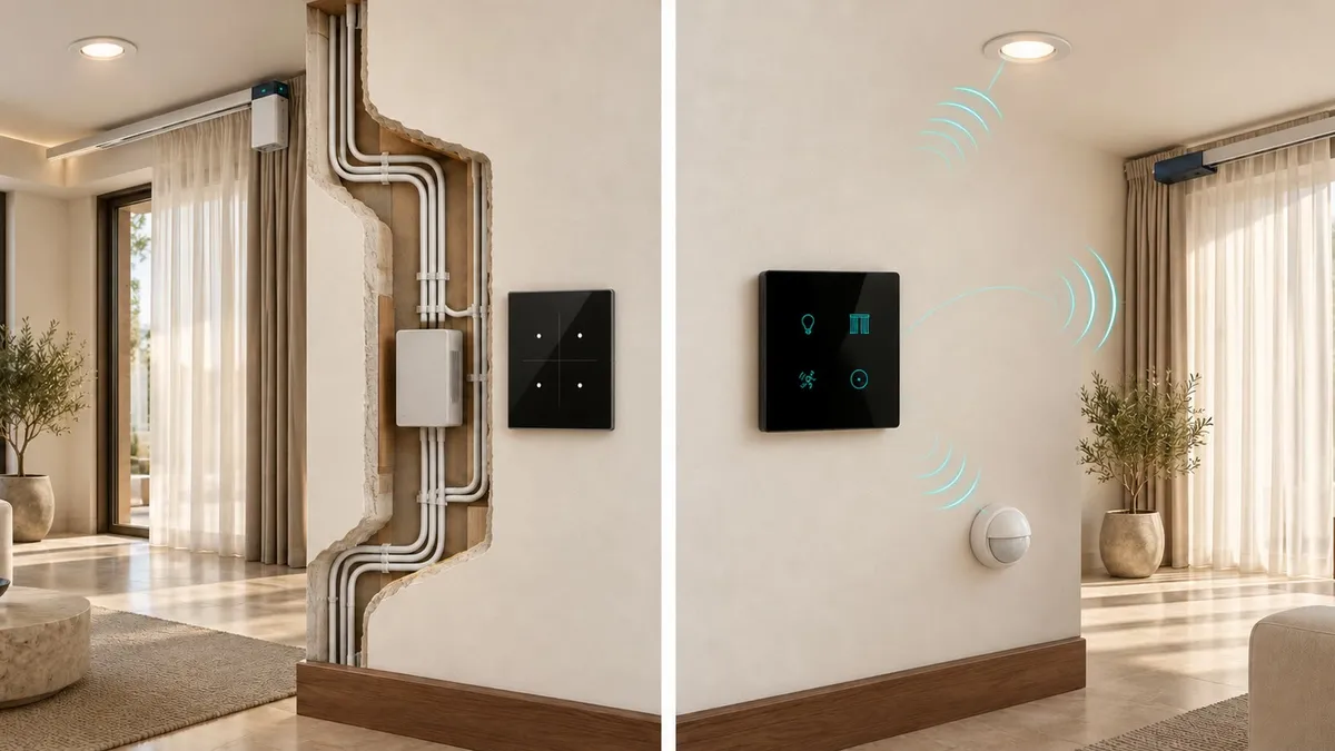 Illustrative render of the same room with a glass touch switch plate on the wall and a small hub on the side table