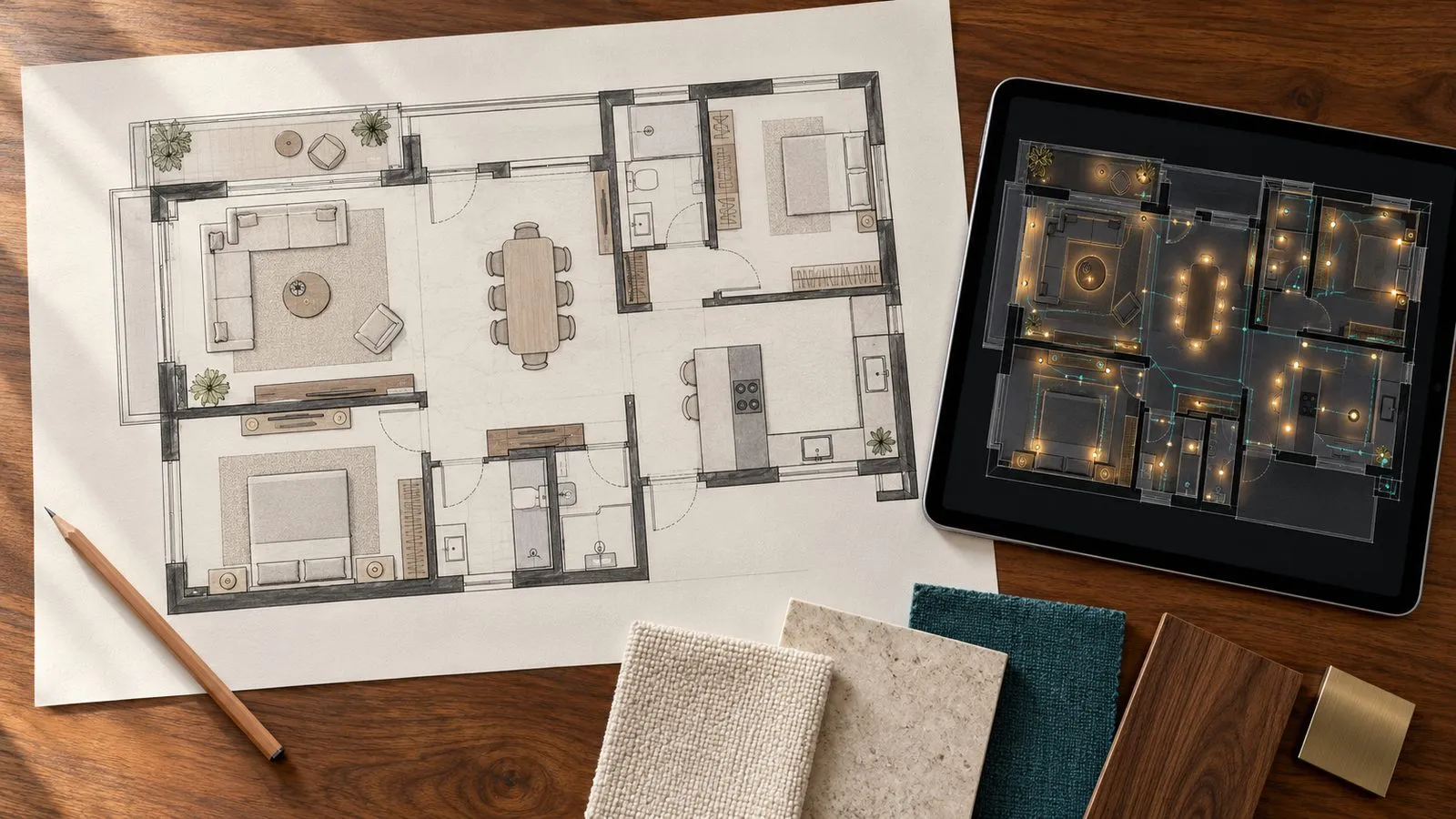 Illustrative render of a floor plan on a table beside a tablet showing the lighting layout, with material samples