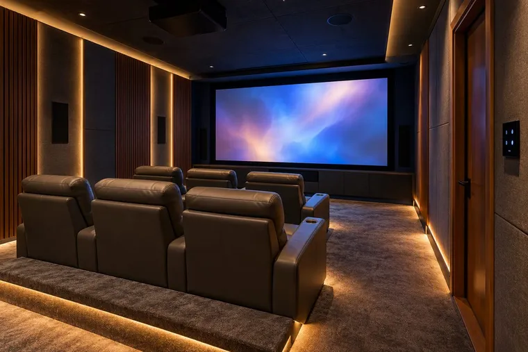 Illustrative render of a dedicated home theatre with tiered recliner seating