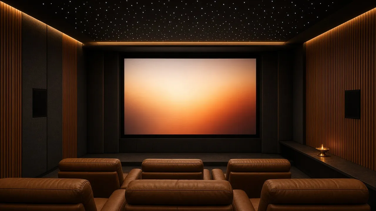 Illustrative render of a home theatre with recliners and a large screen