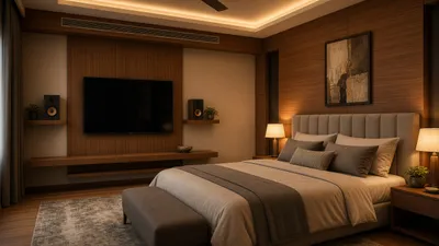 Illustrative render of a bedroom with a wall TV and bookshelf speakers
