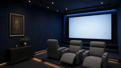 Illustrative render of a dark dedicated home theatre room with recliners and a projection screen