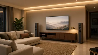 Illustrative render of an Indian apartment living room with a wall TV and floor-standing speakers