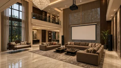 Illustrative render of a double-height villa hall with a drop-down screen and a sofa