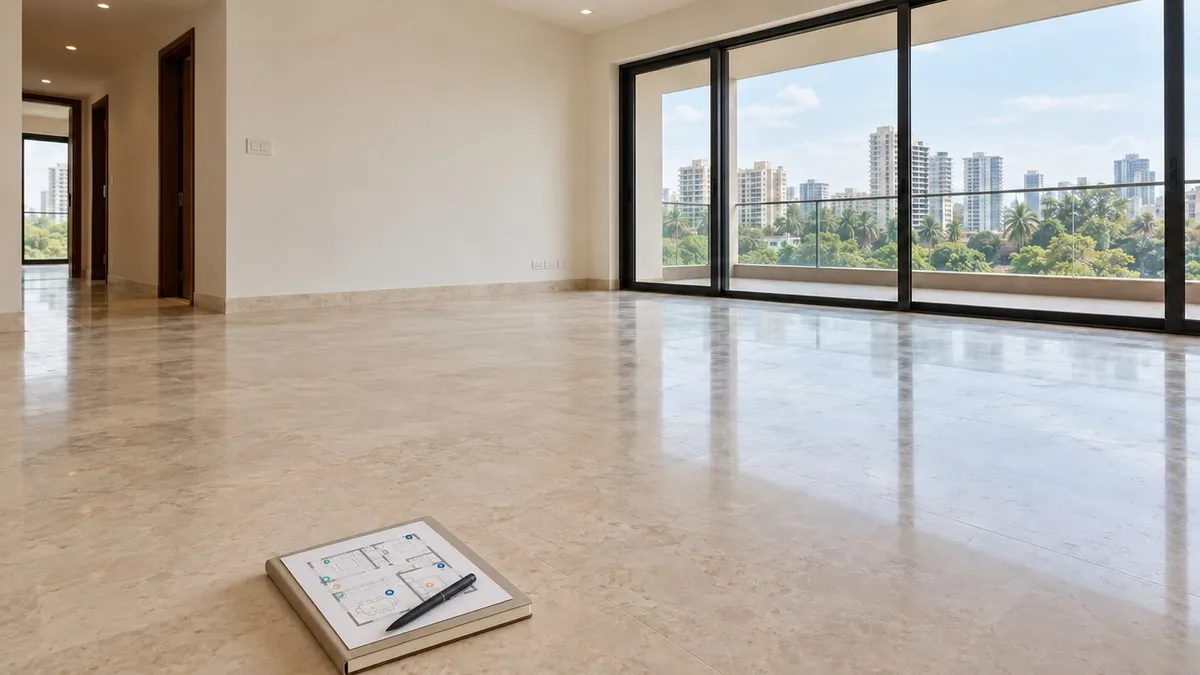 Illustrative render of the same room with a printed floor plan marked with device symbols and a pen