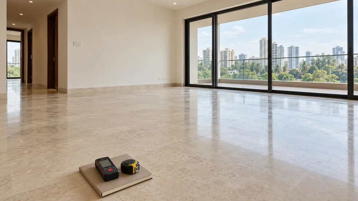 Illustrative render of an empty apartment living room with a laser distance meter and a measuring tape on a notebook