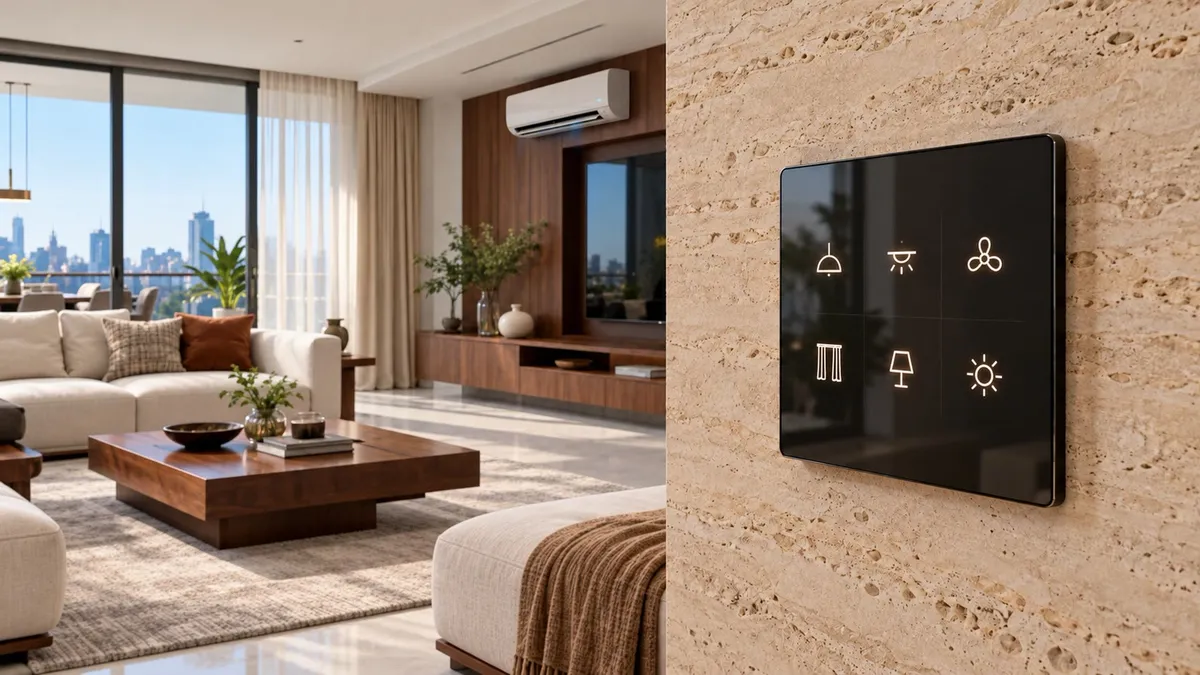 Illustrative render of the same living room in daylight with a wall-mounted air conditioner running