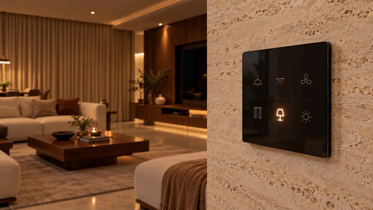 Illustrative render of the same living room in the evening with the curtains closed and one keypad button lit