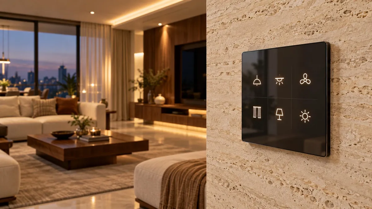 Illustrative render of a living room at dusk with an unbranded six-button KNX-style glass keypad on a stone wall
