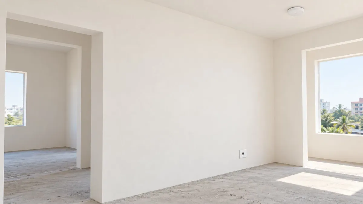 Illustrative render of the same room plastered and painted, with a flush data socket and a small ceiling access point