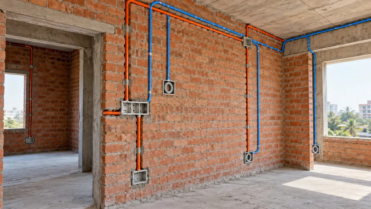 Illustrative render of the same brick room with blue network conduits added alongside the electrical runs, ending at back-boxes