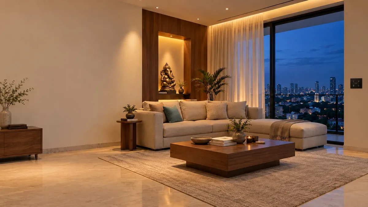 Illustrative render of the same living room in a warm evening scene with the sheers drawn