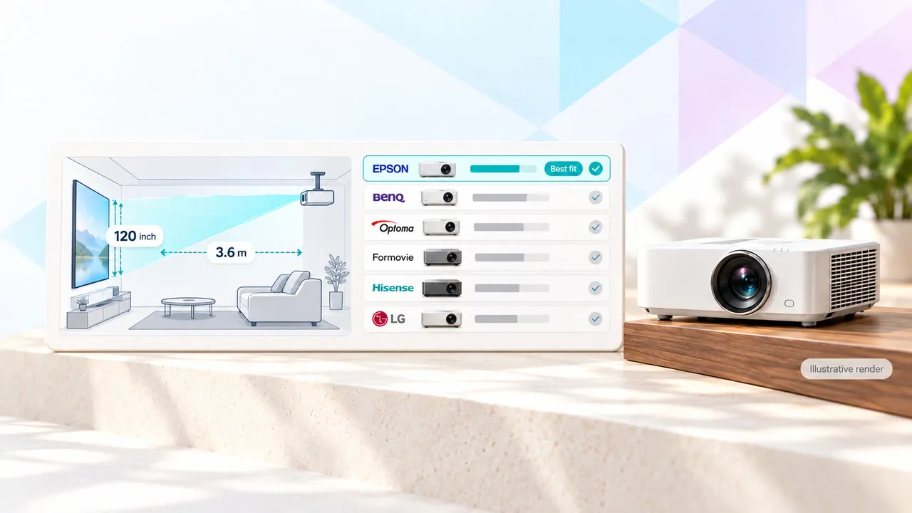Illustrative render of a projector selector: a room plan with a 120 inch screen, brand rows, and a projector