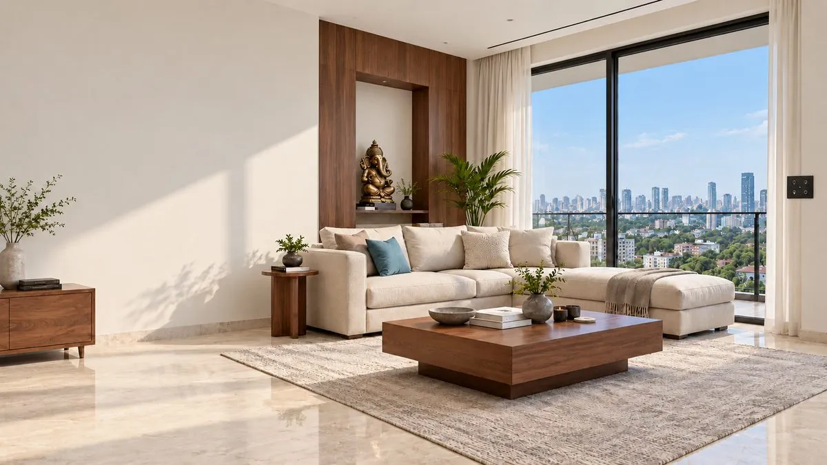 Illustrative render of a living room in daylight with motorised curtains fully open