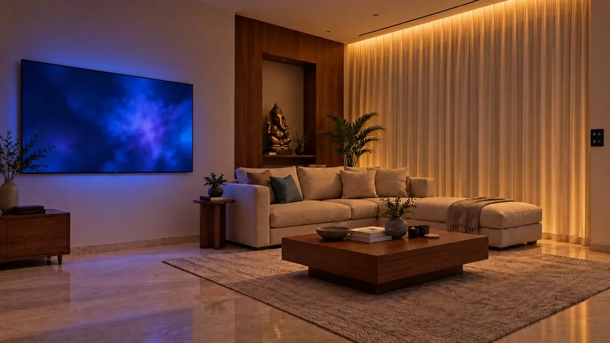 Illustrative render of the same living room in a movie scene with the curtains closed and the TV on