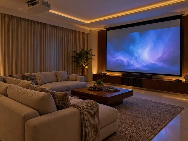 Illustrative render of a living room with a drop-down projector screen