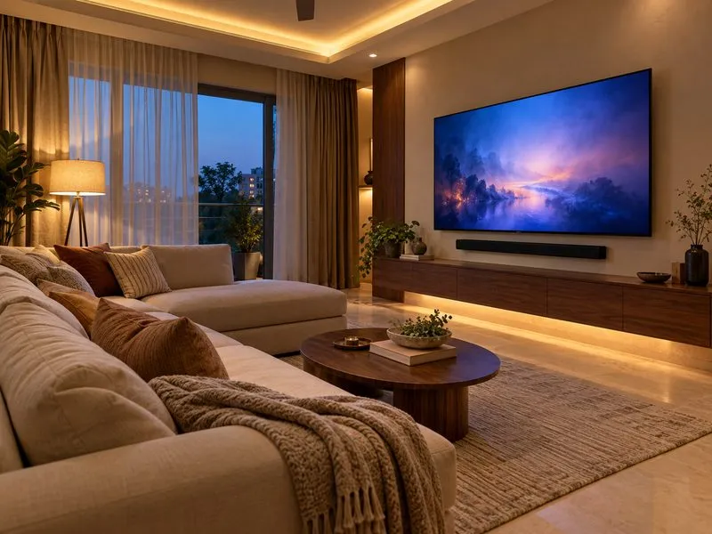 Illustrative render of a media room with a wall-mounted TV and soundbar
