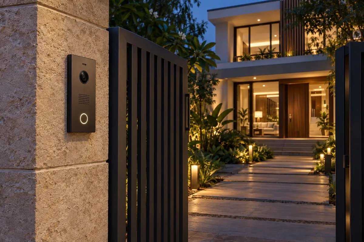 Illustrative render of an unbranded video door phone panel on a villa gate pillar at dusk