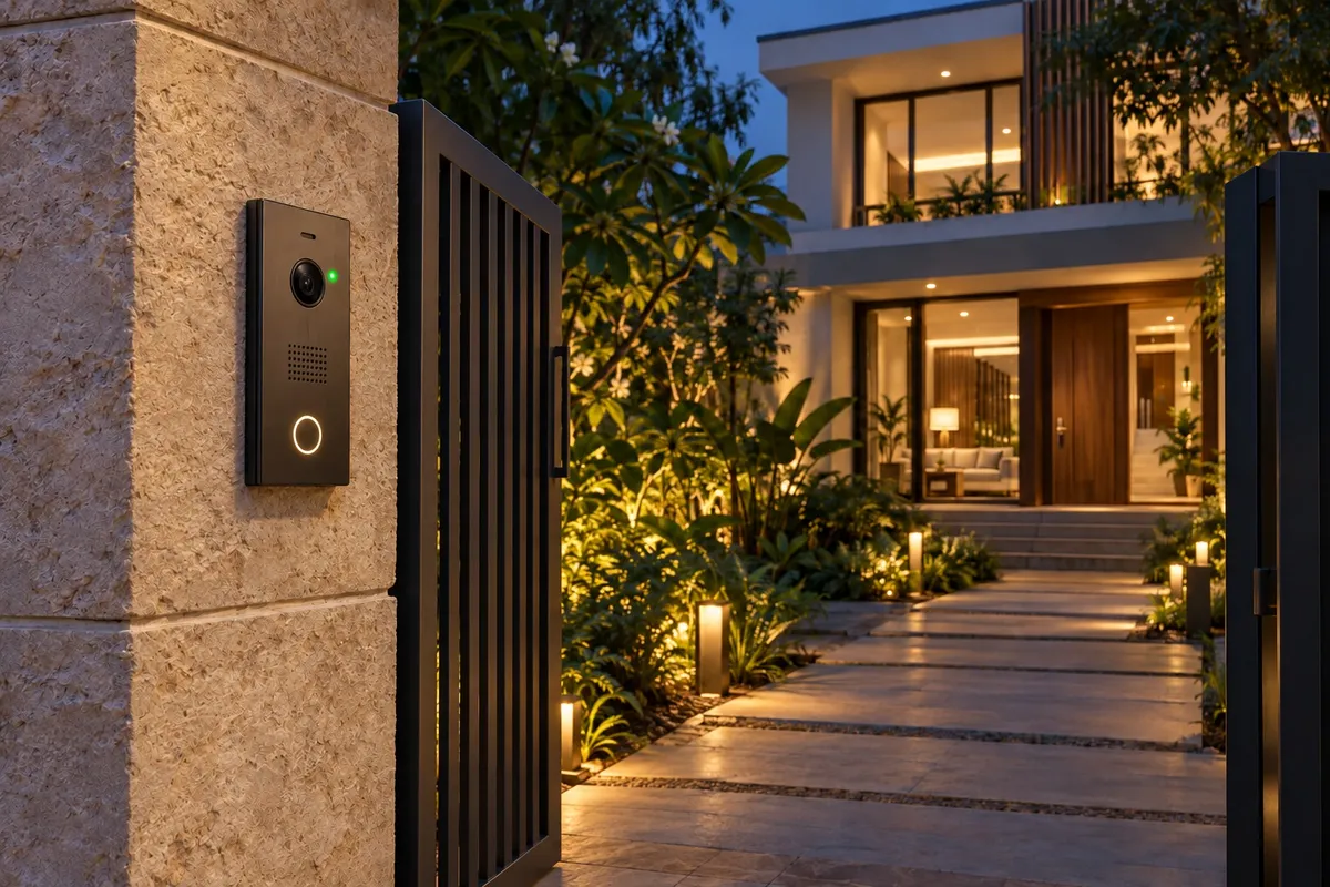 Illustrative render of a villa gate standing open beside an unbranded video door phone panel showing a green indicator light