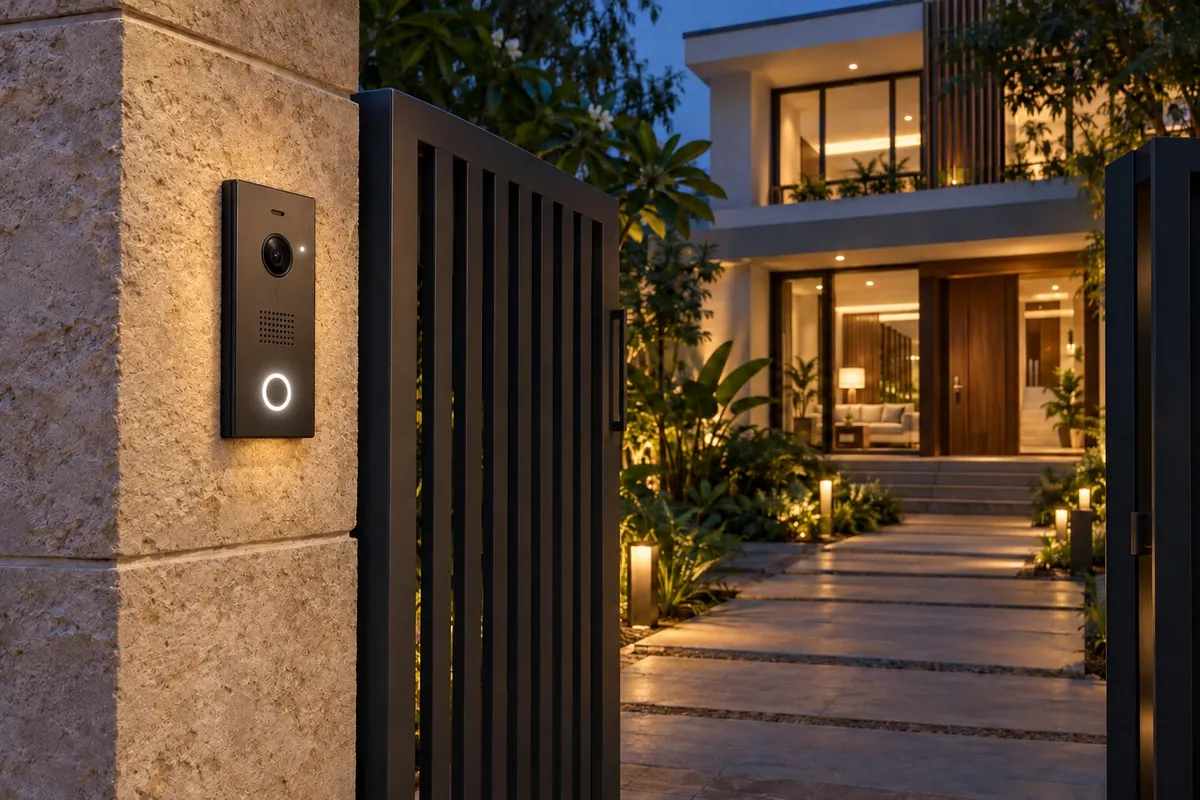 Illustrative render of an unbranded video door phone panel on a villa gate pillar at dusk, its call button ring lit for an incoming visitor