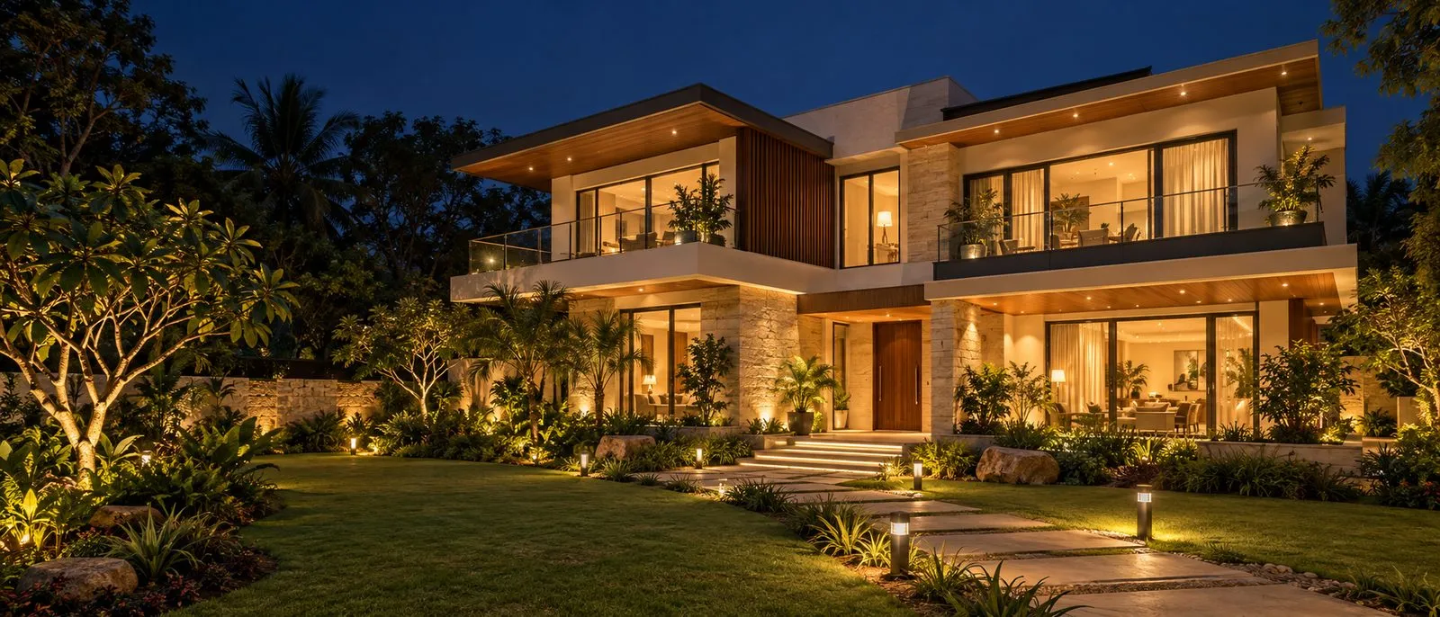 Illustrative render of a villa at night with warm lights on and a lit garden path