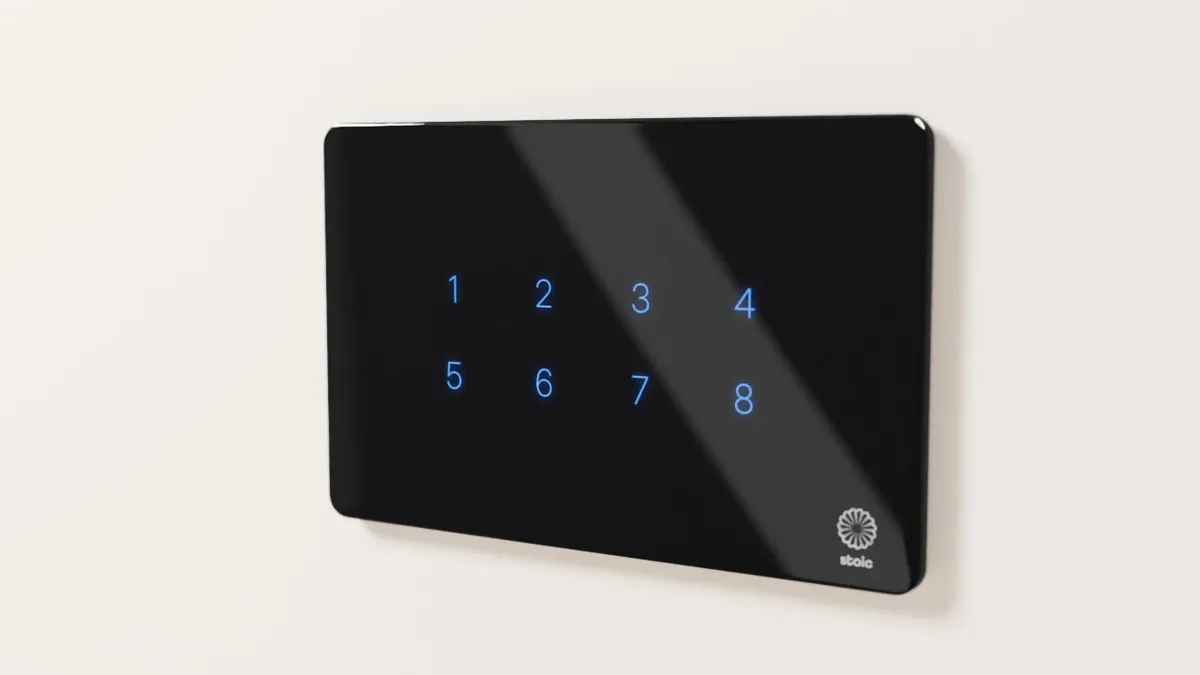 Stoic EX series Wi-Fi touch panel, a dark glass plate with lit icons on a light background