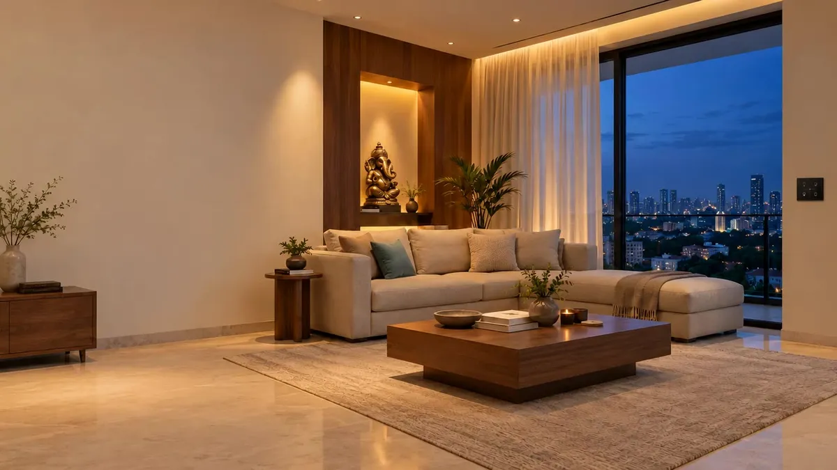 Illustrative video still of a living room in evening scene lighting, with a brass Ganesha in a lit niche and a city view