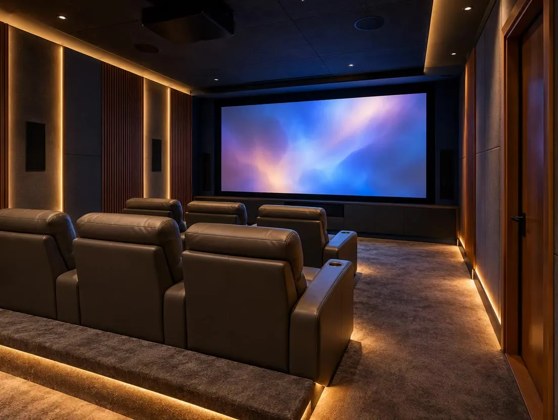 Illustrative video still of a dedicated home theatre with tiered recliner seating and a large screen