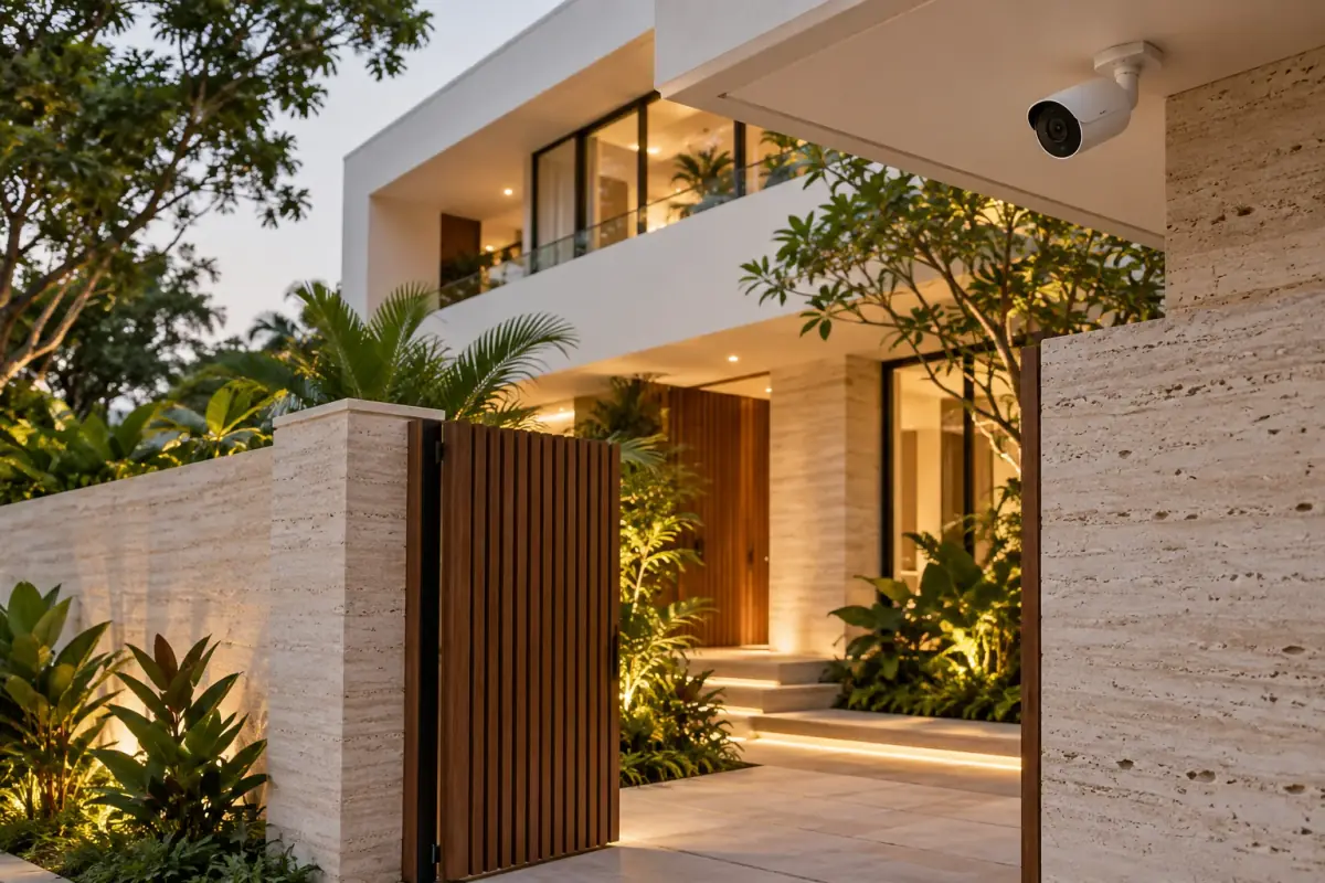 Illustrative render of a modern villa entrance at dusk, with a wooden gate, stone walls and a bullet camera mounted under the porch canopy.
