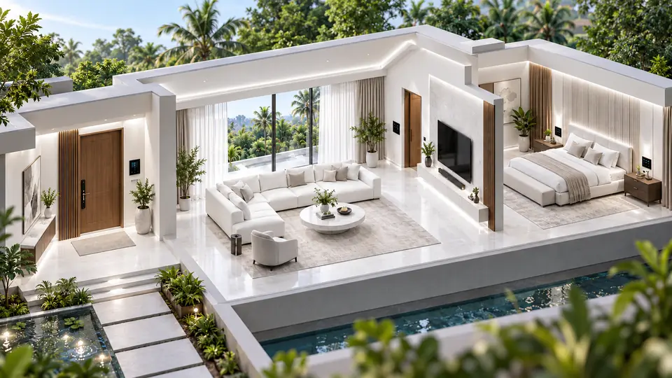 Illustrative render of a white villa cut open to show the entry, living room and bedroom.