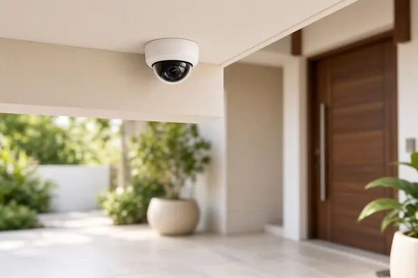 Small white dome camera on the ceiling of a bright villa entrance porch, beside a tall wooden front door and potted plants.