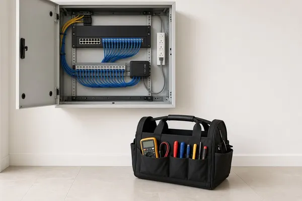 Open wall-mounted network cabinet with neat blue cabling above a technician’s tool bag holding a multimeter and screwdrivers.